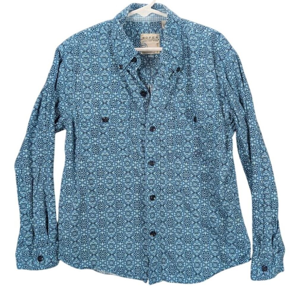 Roper Shirt Youth Medium 8-10 Girls Blue Geometric Long Sleeve Button Cotton